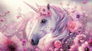 A majestic unicorn portrait surrounded by vibrant pink blossoms and soft lilac petals in an ethereal fantasy style