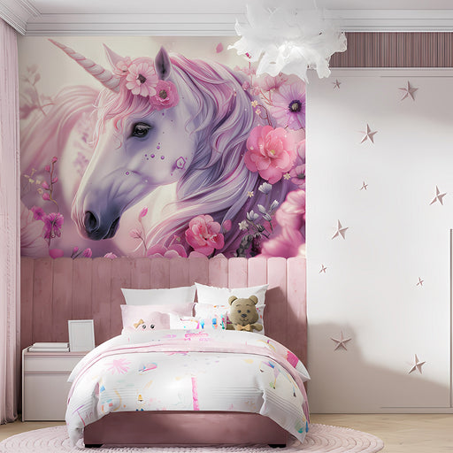 A cozy nursery room wall featuring a dreamy unicorn floral mural as a gentle and imaginative backdrop