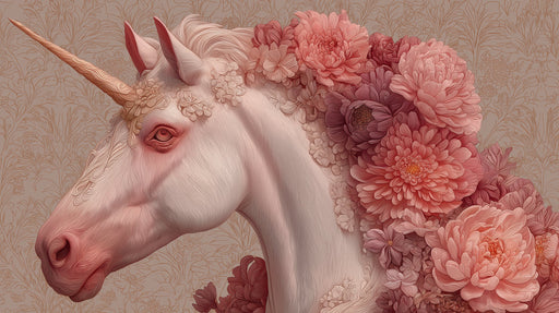 A detailed unicorn profile surrounded by layered blush pink peony and chrysanthemum flowers on a cream background.