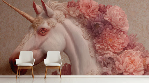 The floral unicorn wallpaper installed as a feature wall in a soft-toned nursery with light wood furniture.