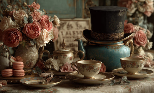 Victorian still life wallpaper with roses, vintage teapots, and a top hat in teal, rose, and gold.