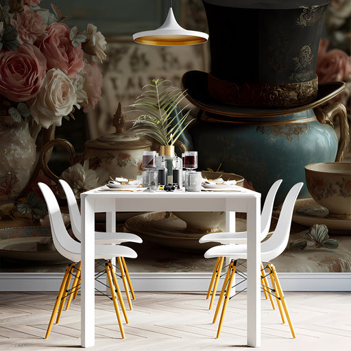 A whimsical Victorian-style mural wallpaper installed in a sophisticated dining room with dark wooden furniture.
