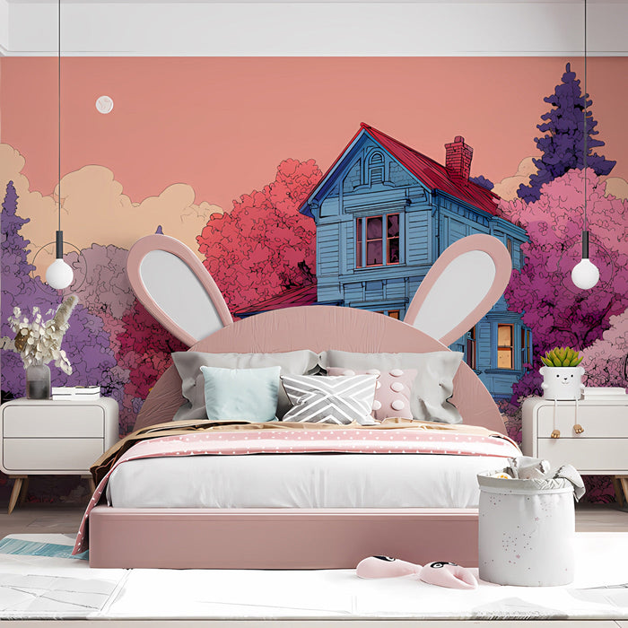 Nostalgic house illustration wallpaper in a cozy, creative reading nook with natural light.