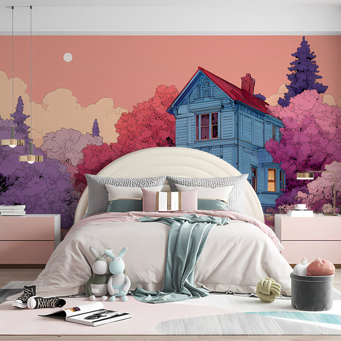 Whimsical cottage mural installed in a colorful child's bedroom with soft wooden furniture.