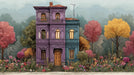 A whimsical mural featuring a purple and teal townhouse surrounded by colorful rose, orange, and yellow trees in an illustrative style