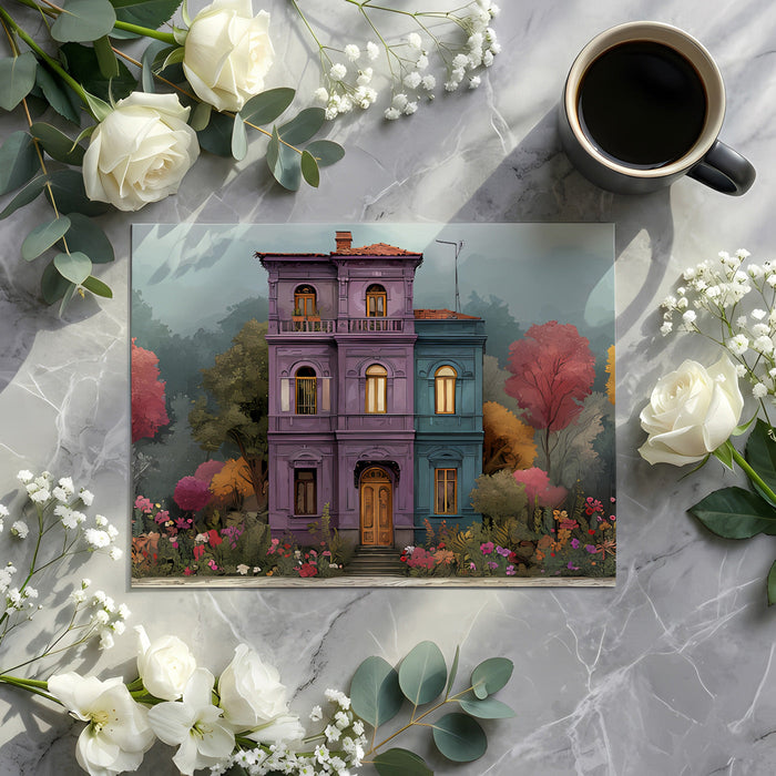 Storybook house wallpaper design featured on a focal wall in a creative home office