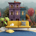 Whimsical townhouse garden mural installed in a colorful, eclectic dining room