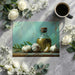 Dining room interior featuring a textured kitchen mural with warm amber and turquoise tones