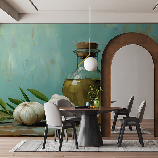 Kitchen wall mural showing a rustic still life of culinary ingredients in a modern home
