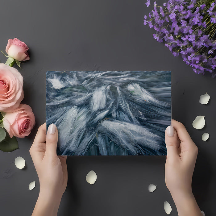 A contemporary home office with the flowing water-inspired mural creating a calm focus wall.