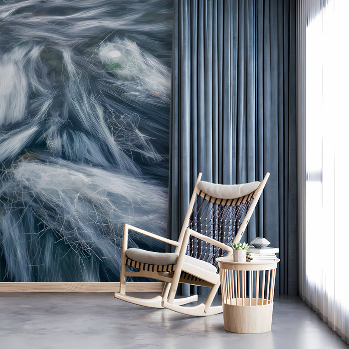 A serene bedroom retreat with the blue and white fluid motion mural behind a minimalist bed frame.