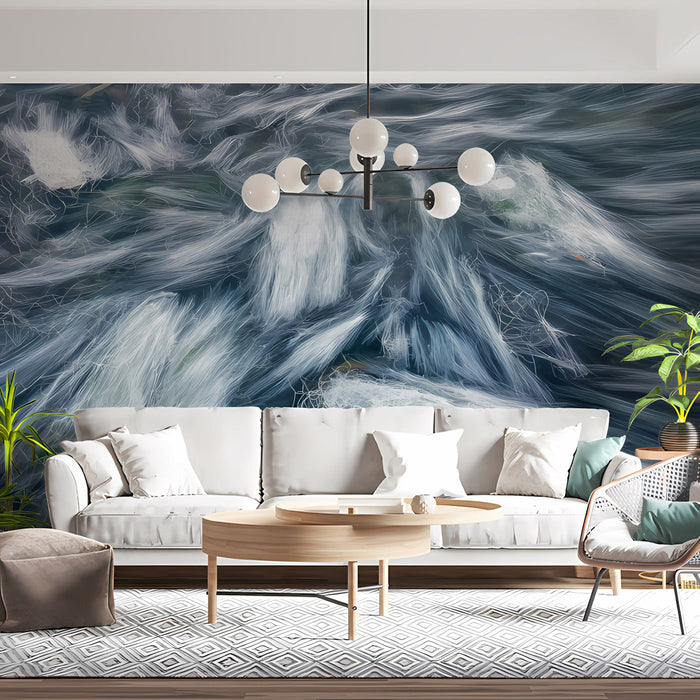 A modern living room featuring the flowing white and slate abstract mural behind a gray velvet sofa.