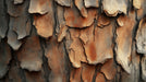 Macro close-up of tree bark pattern with overlapping layers in charcoal, terracotta, and sandy beige tones.