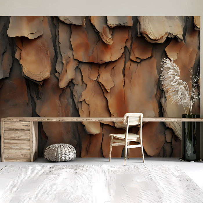Modern bedroom featuring a natural bark wall mural that provides a calm, earthy aesthetic for a relaxing retreat.