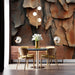 Rustic living room interior with a textured tree bark mural creating a warm, grounded focal point.
