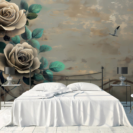 Dining room interior with vintage rose mural wallpaper creating a calm focal point