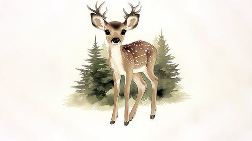 A whimsical illustration of a young deer fawn standing in front of watercolor pine trees on a cream background.