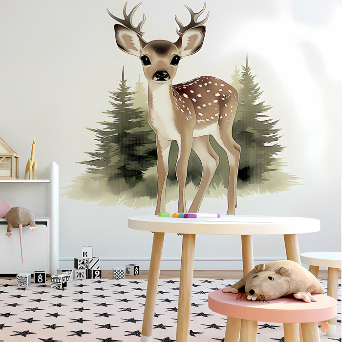 A whimsical playroom interior featuring a wall mural of a small fawn for a playful and nature-inspired look.