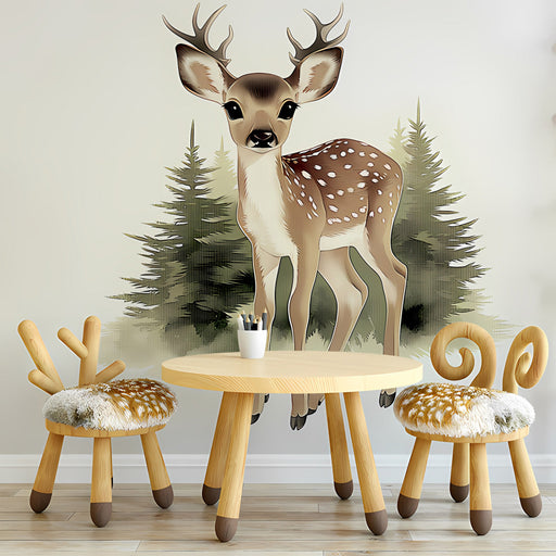 A cozy nursery featuring a soft nature-themed mural on the main wall with light wooden furniture.