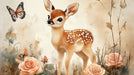 A whimsical illustration of a spotted fawn surrounded by soft apricot roses and a monarch butterfly on a beige background.