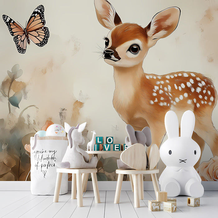 A cozy nursery featuring a fawn and floral wall mural paired with white crib and warm oak accents.