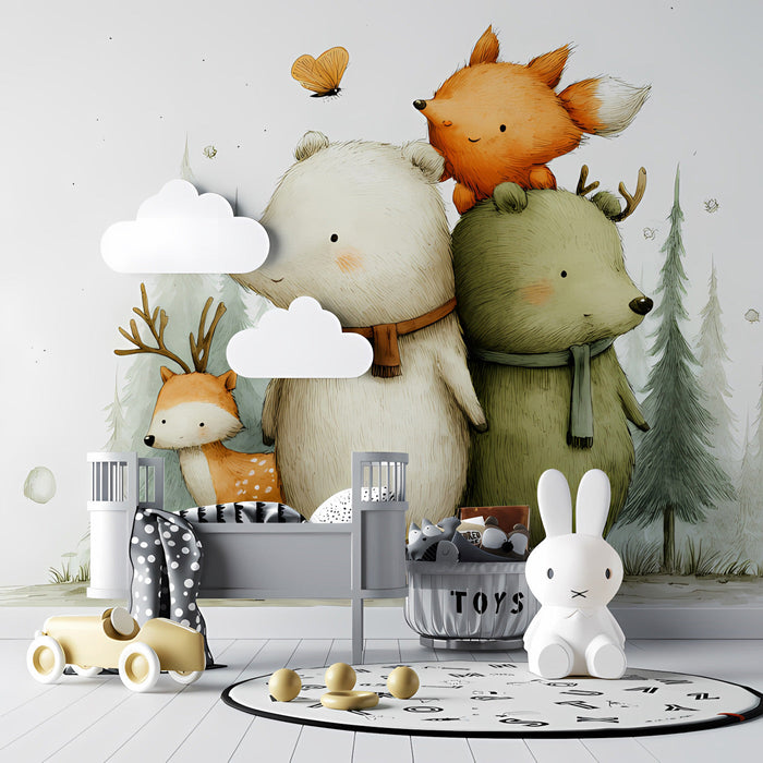 Bedroom wall decorated with a soft, hand-drawn animal forest mural, styled with natural wood furniture.