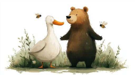 A charming, hand-drawn style wallpaper pattern featuring a cute brown bear and a white duck with buzzing bees on a white background.