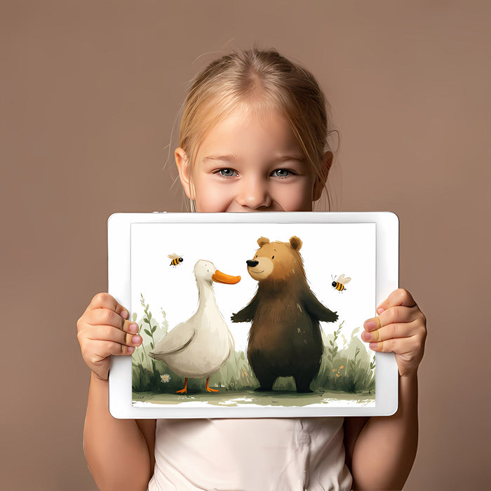 A bright, organized playroom featuring a friendly animal storybook mural that sparks creativity in a kids space.