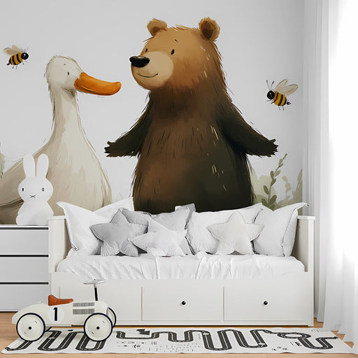 A soft, minimalist child's bedroom with an illustrated bear and duck wall mural that acts as a delightful focal point.