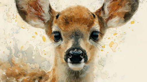 A detailed watercolor portrait of a young fawn with large eyes and ochre fur against a soft cream background.
