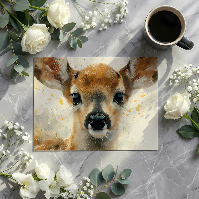 A calming home study interior with a large-scale fawn portrait wall mural and natural oak accents.