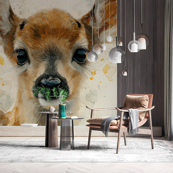 A whimsical reading nook decorated with a fawn mural to provide a gentle, nature-inspired focal point.