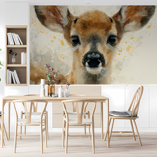 A cozy nursery featuring a fawn mural on the main wall with wooden furniture and soft textiles.