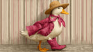 A whimsical illustration of a white duck wearing a straw hat, magenta jacket, and pink boots against a pinstriped background.