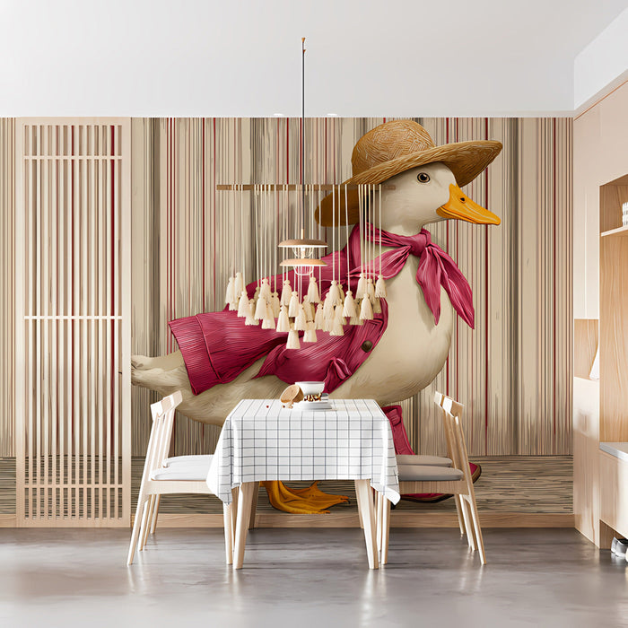 A cozy nursery wall featuring the dapper duck mural, styled with soft cream furniture.