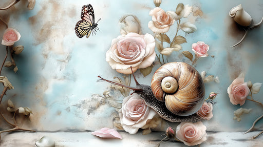 Snail and butterfly surrounded by soft blush roses on a painterly sky blue and beige background
