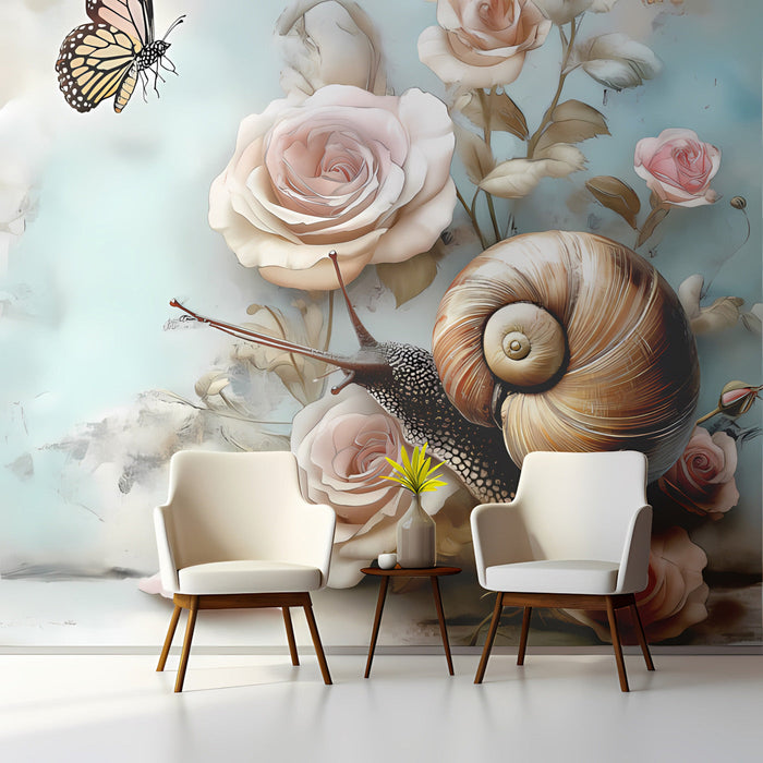 A peaceful dining room corner styled with the delicate floral and snail wallpaper pattern