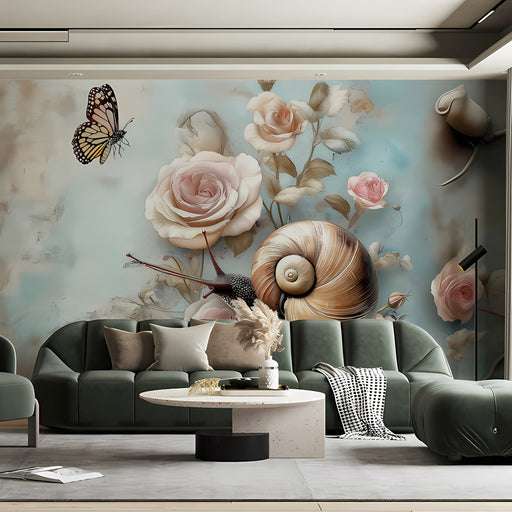 A cozy bedroom wall featuring the snail and rose garden mural with blush bedding