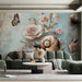 A cozy bedroom wall featuring the snail and rose garden mural with blush bedding