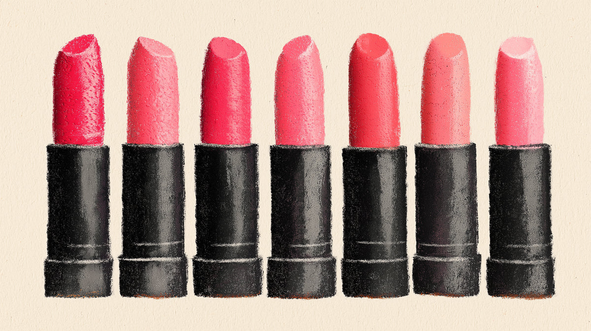 A repeating pattern of seven pink lipstick tubes with black casings on a cream, textured paper background.