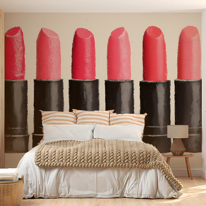 A walk-in wardrobe area decorated with the lipstick mural to add a pop of color and personality.