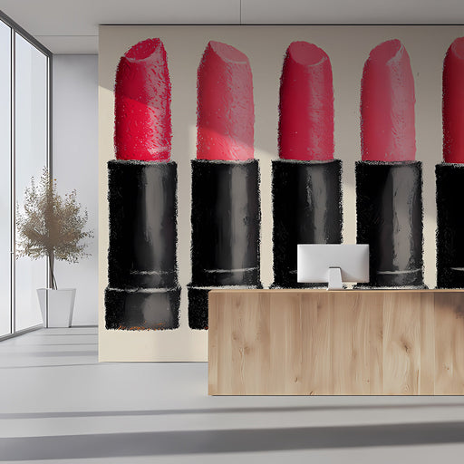 A stylish dressing room with this lipstick mural on the main wall behind a modern vanity mirror.