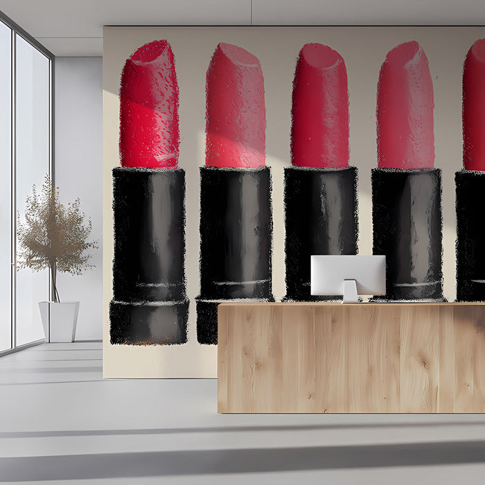 A stylish dressing room with this lipstick mural on the main wall behind a modern vanity mirror.
