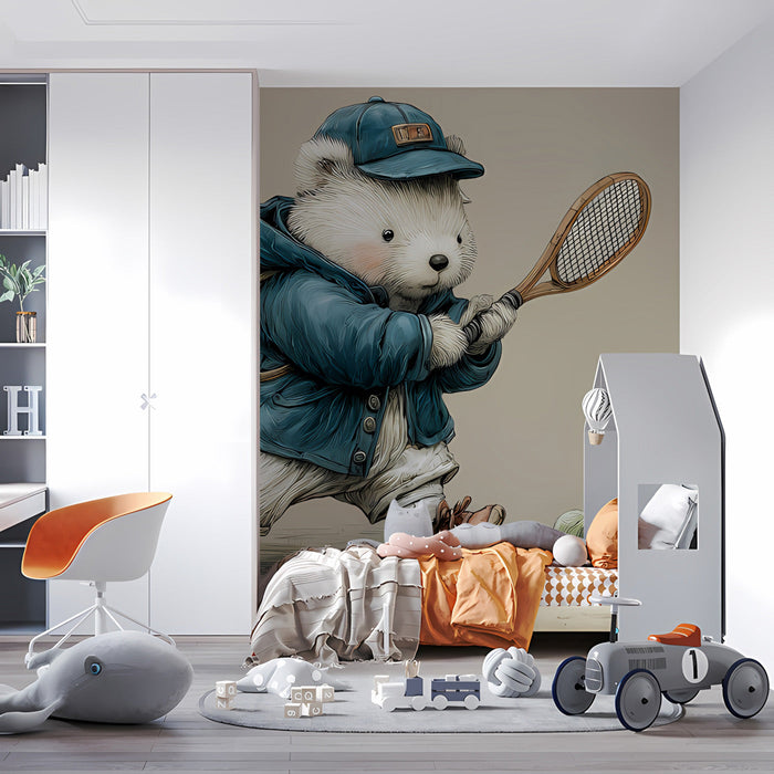 A bright playroom interior featuring the bear mural on a clean, light wall
