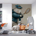 A bright playroom interior featuring the bear mural on a clean, light wall