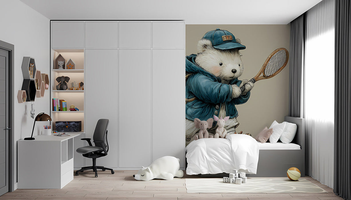 A cozy nursery wall featuring the tennis bear mural behind a wooden crib