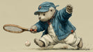 A whimsical illustration of a teddy bear wearing a blue cap and jacket playing tennis against an oatmeal background.