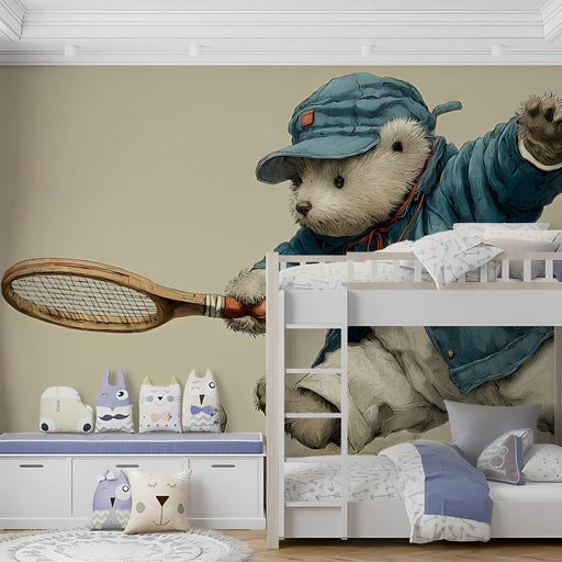 A cozy child's bedroom with a charming teddy bear tennis illustration as the main focal point.