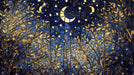 A stained glass style pattern featuring golden leaves and crescent moons against an ink blue starry night sky.