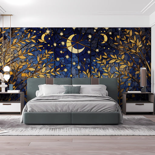 A sophisticated home office space featuring the stained glass night sky mural on a feature wall behind a desk.